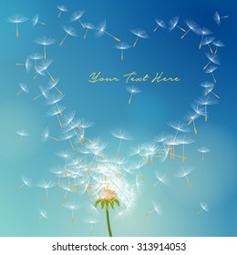 Vector dandelion with seeds flying away with the wind forming love