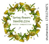 

vector dandelion wreath spring yellow flowers on a white background leaves of grass