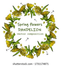 

vectorial dandelion wreath primavera flores amarillas sobre hojas de fondo blanco de césped