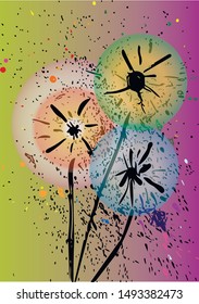 Vector dandelions on a colorful background. Splashes, drops of paint. Art style.