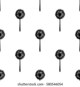 vector; dandelions, seamless pattern for your design. A hand drawn, sketched flower. Black and white illustration