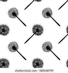 vector; dandelions, seamless pattern for your design. A hand drawn, sketched flower. Black and white illustration