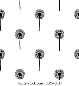 vector; dandelions, seamless pattern for your design. A hand drawn, sketched flower. Black and white illustration