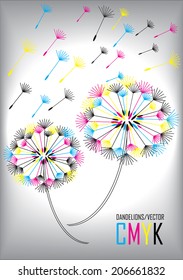 vector dandelions silhouettes in print colors
