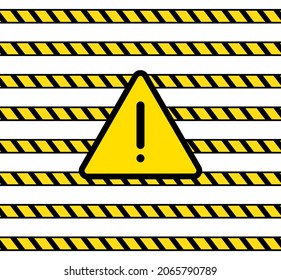 Signo de triángulo de peligro vector en fondo con cintas de advertencia amarillas, patrón sin soldadura, plantilla de fondo colorido, ilustración de advertencia.