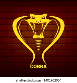 vector dangerous cobra snake head with hood logo design template. danger king cobra icon. viper orange silhouette isolated on brick wall background