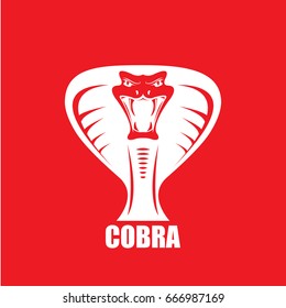 vector dangerous cobra snake with hood logo design template. danger king cobra icon. viper white silhouette isolated on red