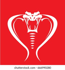 vector dangerous cobra snake with hood logo design template. danger king cobra icon. viper white silhouette isolated on red