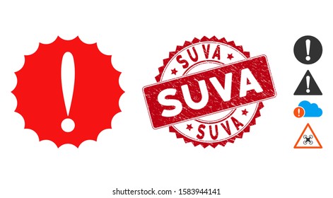 Vector dangerous conditions icon and grunge round stamp watermark with Suva text. Flat dangerous conditions icon is isolated on a white background. Suva stamp uses red color and grunge surface.