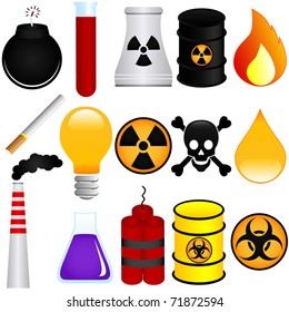 Vector of Dangerous Poison, Explosive, Chemical, Pollution (Environmental Damage). A set of cute and colorful icon collection isolated on white background