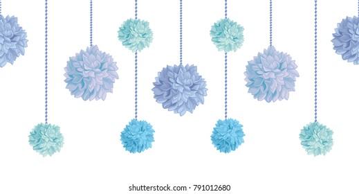 Vector Dangling Blue Bay Boy Birthday Party Paper Pom Poms Set Horizontal Seamless Repeat Border Pattern. Great for handmade cards, invitations, wallpaper, packaging, nursery designs.