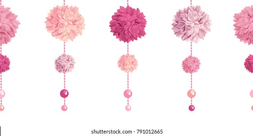 Vector Dangling Pink Birthday Party Paper Pom Poms and Beads Set Horizontal Seamless Repeat Border Pattern. Great for handmade cards, invitations, wallpaper, packaging, nursery designs.