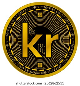 Vector of Danish Krone Digital Currency in gold and black colors on a white background.