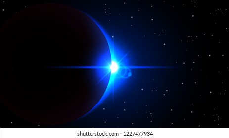 Vector dark abstract background with a blue solar eclipse. Black open space with a star shining from behind a planet, igniting its horizon. Round black placeholder for your text.