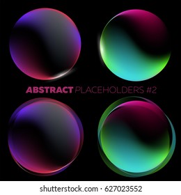 Vector Dark Abstract Background. Fluid Colors Circles Set. Black Open Space with Round Futuristic Placeholder and Glow Effect. For Music Poster, Night Club Flyer, Infographic, Brochure, Web Banner.