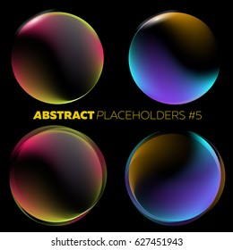 Vector Dark Abstract Background. Fluid Colors Circles Set. Black Open Space with Round Futuristic Placeholder and Glow Effect. For Music Poster, Night Club Flyer, Infographic, Brochure, Web Banner.