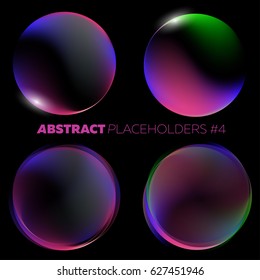 Vector Dark Abstract Background. Fluid Colors Circles Set. Black Open Space with Round Futuristic Placeholder and Glow Effect. For Music Poster, Night Club Flyer, Infographic, Brochure, Web Banner.