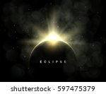 Vector dark abstract background with a solar eclipse. Black open space with a star shining from behind a planet, igniting its horizon. Round black placeholder for your text. 