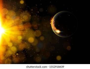 Vector dark abstract background with solar eclipse. Black open space with a star shining from behind a planet, kindling its horizon. Round black placeholder for your text.