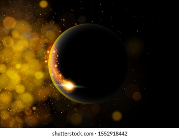 Vector dark abstract background with solar eclipse. Black open space with a star shining from behind a planet, kindling its horizon. Round black placeholder for your text.