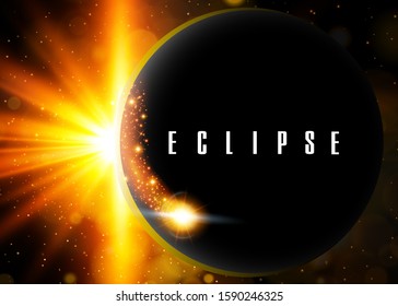 Vector dark abstract background with a solar eclipse. Black open space with a star shining from behind a planet, igniting its horizon. Round black placeholder for your text.