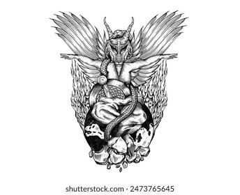 Vector dark art illustration for t shirt design, black and white
