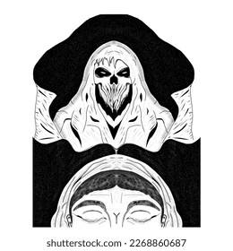 Vector dark artwork illustration of skull and women head, this title is intimidation