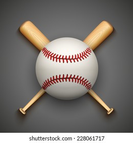 Fondo vectorial oscuro de pelota de cuero de béisbol y murciélagos de madera. Símbolo de deporte.