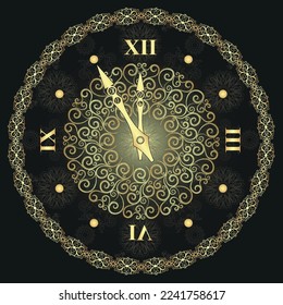 Vector dark background with clock face and golden vintage patterns