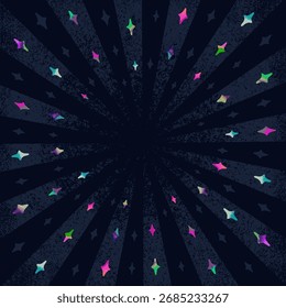 Vetor fundo escuro com cristais brilhantes coloridos e espaço para texto. Modelo vintage mágico. Ornamento esotérico abstrato. Desenho desenhado à mão para banner, cartaz, cartão, convite