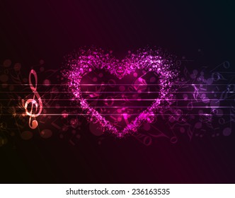 Vector dark background with a heart of musical notes