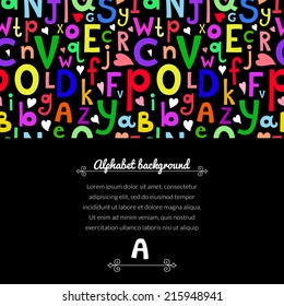 Vector dark background with Latin letters of different sizes in a cartoon style, children's illustration with alphabet and horizontally space for text