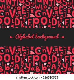 Vector dark background with Latin letters of different sizes in a cartoon style, children's illustration with alphabet and central space for text