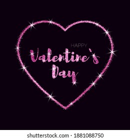 Pancarta oscura vectorial con el gran brillo rosado del corazón y texto Feliz Día de San Valentín. El Lujo Romántico.
