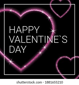 Vector dark banner with Pink Glittering Hearts and White Text Happy Valentines Day. Romantic Shiny Background.