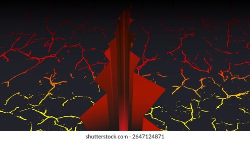 Vetor escuro grande ardente 3d crack. Rachaduras amarelas vermelhas brilhantes. Terremoto, erupção vulcânica. Falha no subsolo.