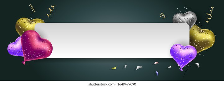 Vector dark birthday holiday background with realistic heart-shaped colored balloons. Place for text, frame made of paper. Anniversary celebration, happy day. Confetti and gold serpentine.
