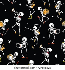 Vector dark black dancing and playing music skeletons band Haloween repeat pattern background. Great for spooky fun party themed fabric, gifts, giftwrap.