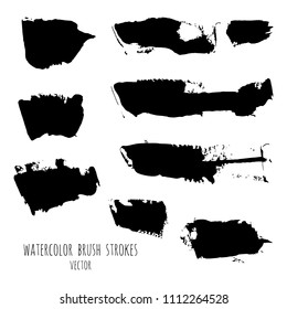 Vector dark black grunge watercolor, ink texture set, hand painted dry brush splashes, strokes, stains, spots, blots, dividers, labels, templates, dirty shapes. Abstract acrylic monochrome background.