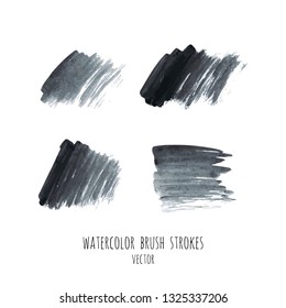 Vector dark black grunge watercolor, ink texture set, hand painted dry brush splashes, strokes, stains, spots, blots, dividers, labels, templates, dirty shapes. Abstract acrylic monochrome background.