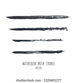 Vector dark black grunge watercolor, ink texture set, hand painted dry brush splashes, strokes, stains, spots, blots, dividers, labels, templates, dirty shapes. Abstract acrylic monochrome background.