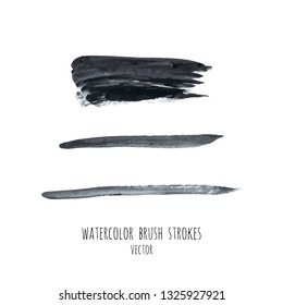 Vector dark black grunge watercolor, ink texture set, hand painted dry brush splashes, strokes, stains, spots, blots, dividers, labels, templates, dirty shapes. Abstract acrylic monochrome background.