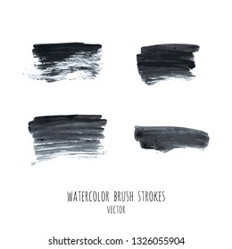 Vector dark black grunge watercolor, ink texture set, hand painted dry brush splashes, strokes, stains, spots, blots, dividers, labels, templates, dirty shapes. Abstract acrylic monochrome background.