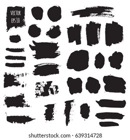 Vector dark black grunge watercolor, ink texture set of hand painted dry brush splashes, strokes, stains, spots, blots, stripes, lines. Abstract collection of dirty backgrounds isolated on white.