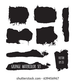 Vector dark black grunge watercolor, ink texture set of hand painted dry brush splashes, strokes, stains, spots, blots, stripes, lines. Abstract collection of acrylic backgrounds isolated on white.