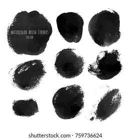 Vector dark black grunge watercolor, ink texture set of hand painted dry brush splashes, strokes, stains, spots, blots, dividers, labels, templates, dirty shapes. Abstract acrylic backgrounds.