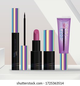 Vector Dark oder Black Holographic Skincare oder Beauty Cosmetics Make-up Packaging Set mit Lipstick, Lip Gloss Tube und Eyeliner Packing. Hintergrund der kleinsten geometrischen Plattform.