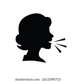 Vector dark black silhouette of speaking person head emoji icon with lines demonstrating speech 