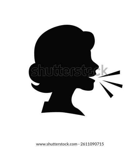 Vector dark black silhouette of speaking person head emoji icon with lines demonstrating speech 