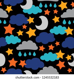 Vector, dark, Black sun, moon, stars and clouds. seamless pattern background